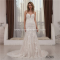 sweetheart deep neckline mermaid sleeveless lace wedding dress with long train